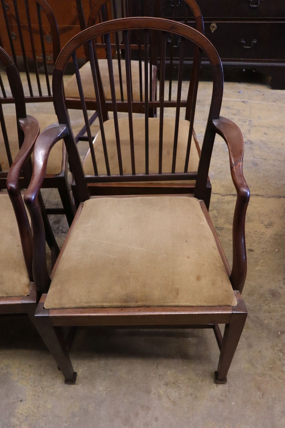 A set of nine Edwardian Hepplewhite white style mahogany dining chairs, including two carvers, with reeded backs and drop in seats, on